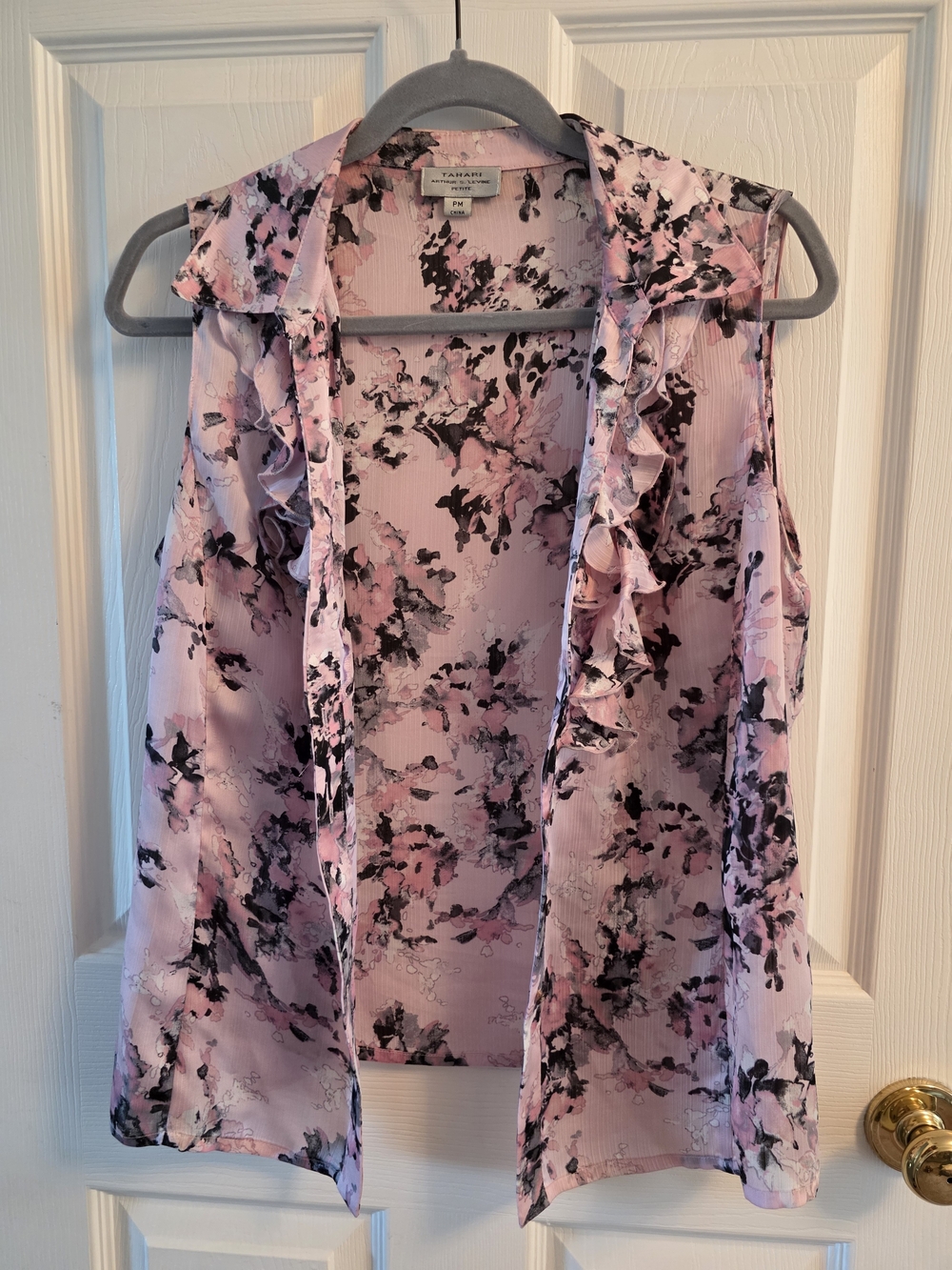 Tahari Pink and Black Floral Ruffle Sleeveless Blouse